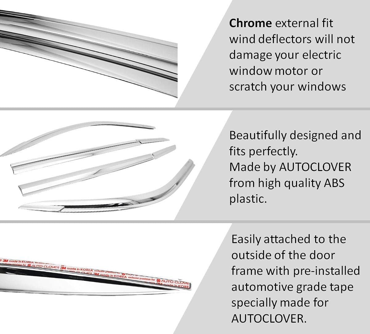 Autoclover Tape-On Rain Guards Window Visors 8 Pcs Set For Chevrolet Bolt Ev 2017 2018 2019 2020 2021 2022 2023 / Window Deflectors, Out-Channel Vent Shades (Chrome)