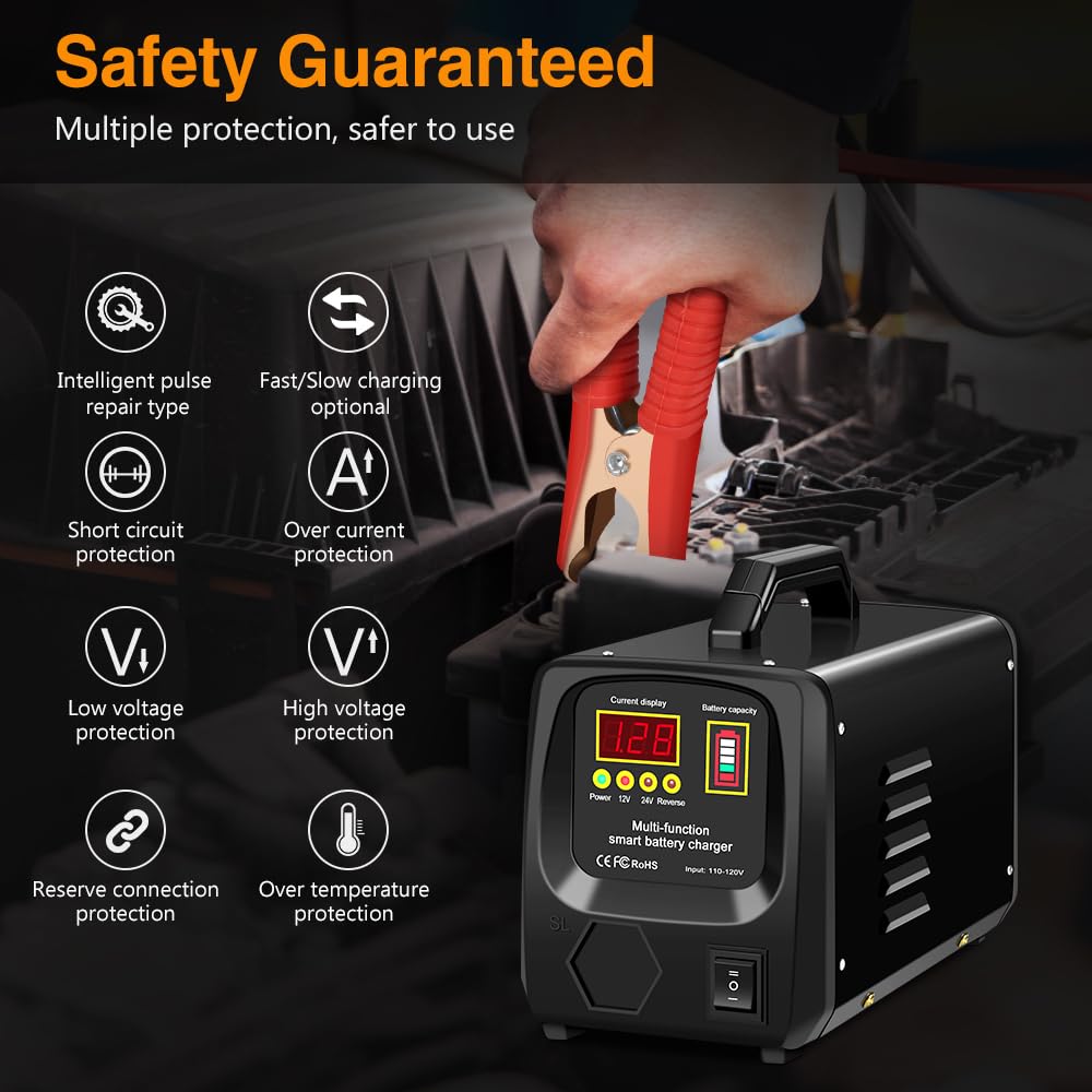 Outerman Car Battery Charger,24V/12V Fully-Automatic Battery Charger for Lead-Acid Batteries,Fast Charging Battery Maintainer/Tr