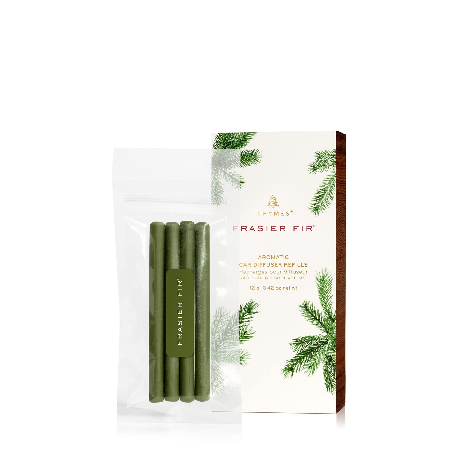 Thymes Frasier Fir Car Diffuser Refills - 4 Air Freshener Car Diffuser Reeds - Long-Lasting Car Air Freshener Refills With Fresh