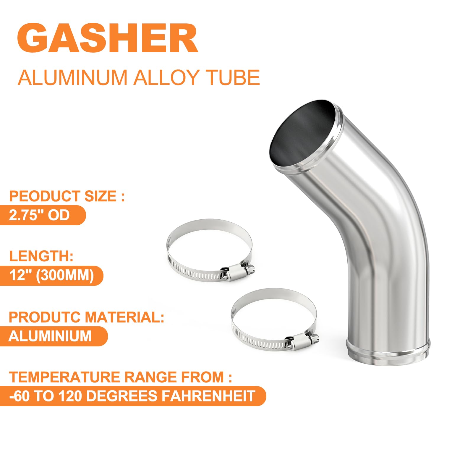 Gasher 1Pcs 45 Degree Elbow Aluminum Alloy Tube 2.75''Od, Leg Length 12'' (300Mm) With Bead Roll, Intercooler Pipe For Intake An