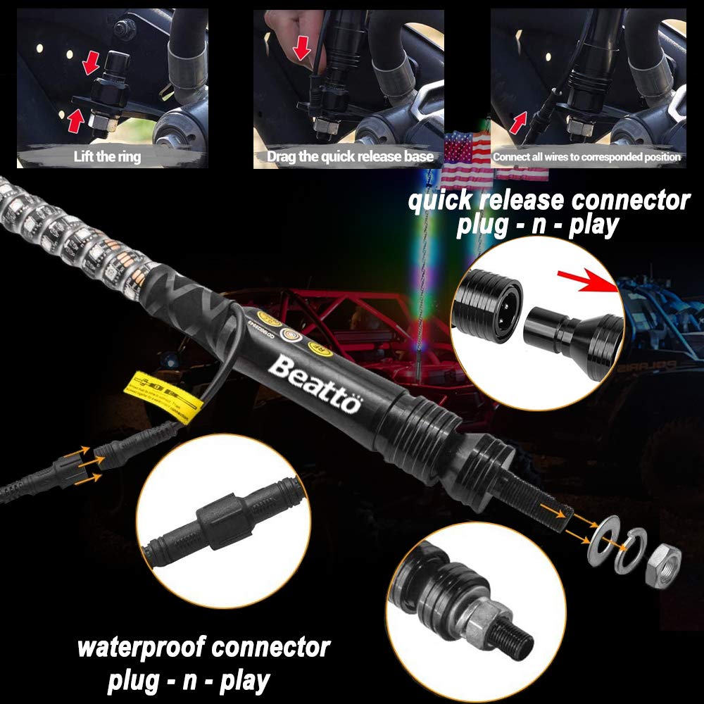 Beatto 4Ft(1.2M) Rf Remote Control Rgb Led Whips With Dancing/Chasing Light Antenna For Off-Road Vehicles Atv Utv Rzr Jeep Truck