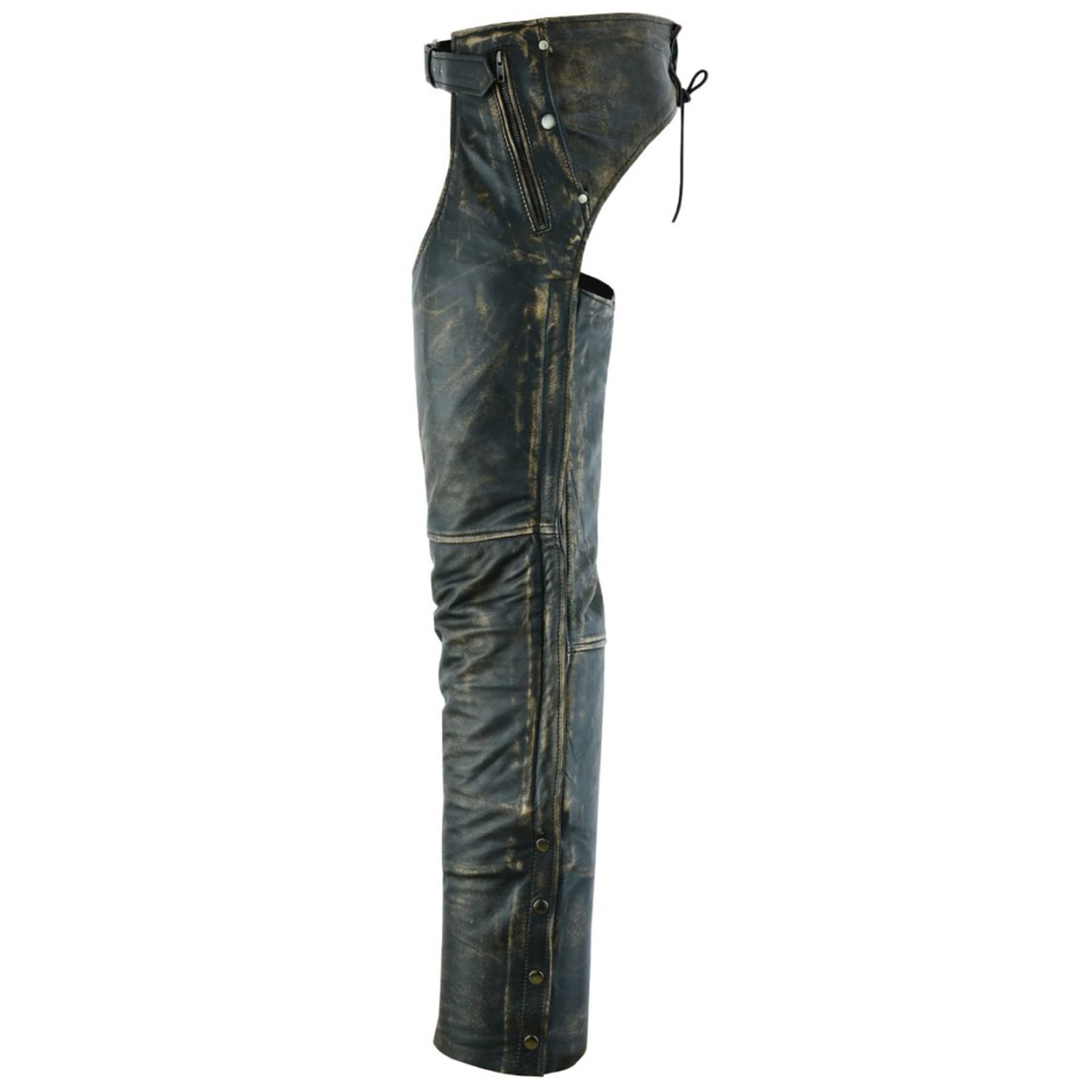 Dream Apparel Mens Motorcycle Riding Chaps, Large, Brown, Distressed Naked Cowhide Leather, Model DA-C4334-12N-L, 4 Pockets