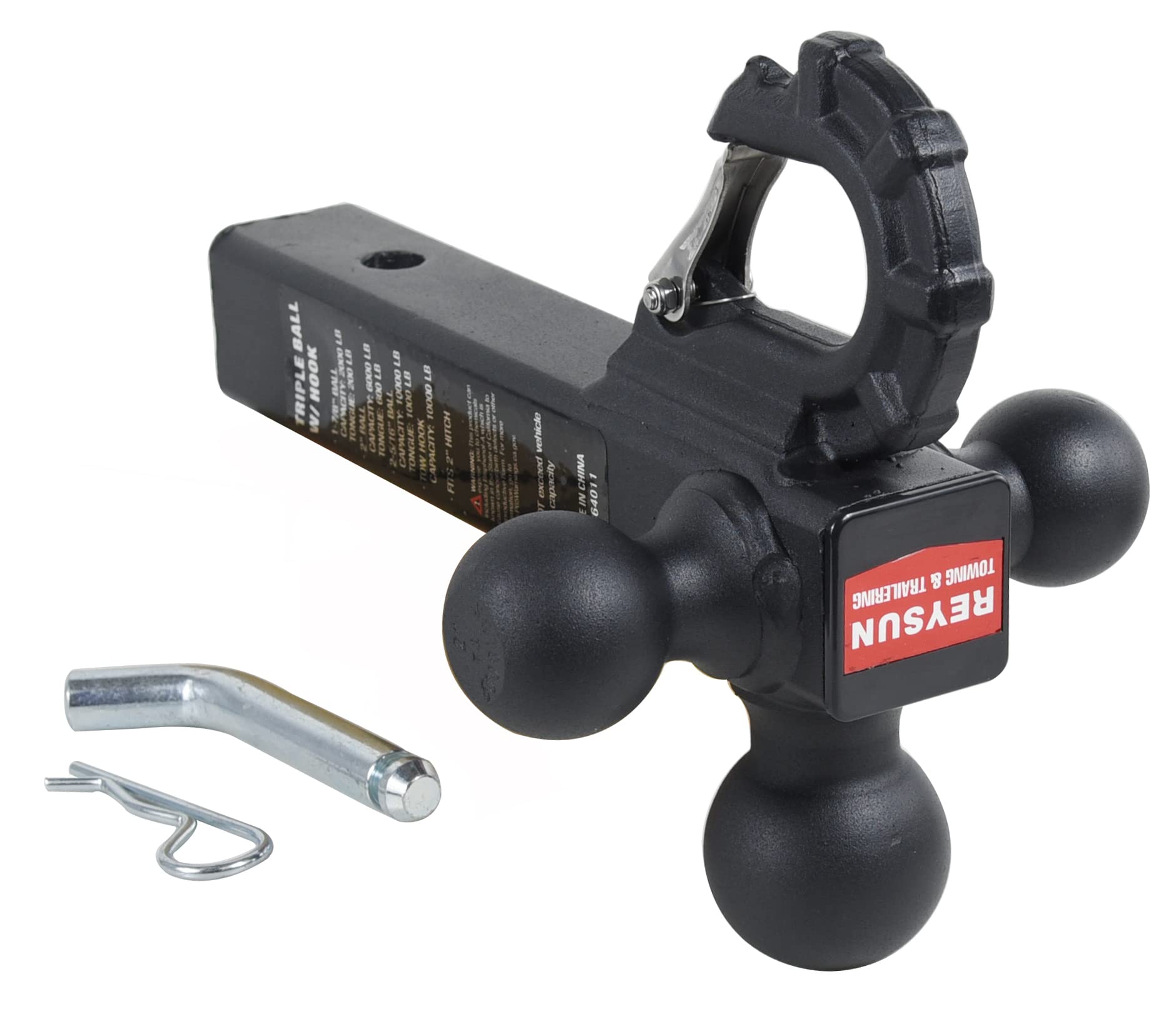 Reysun Trailer Hitch Tri Ball Mount With Hook, Tactical Tow Hook, Fits 2 Inch Hitch Receiver, Secure With Self-Lock Latch, Matt