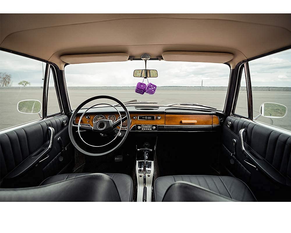 YGMONER Retro Square Mirror Hanging Plush Dice for Car Decoration, Purple Fabric, Fuzzy Couple Design