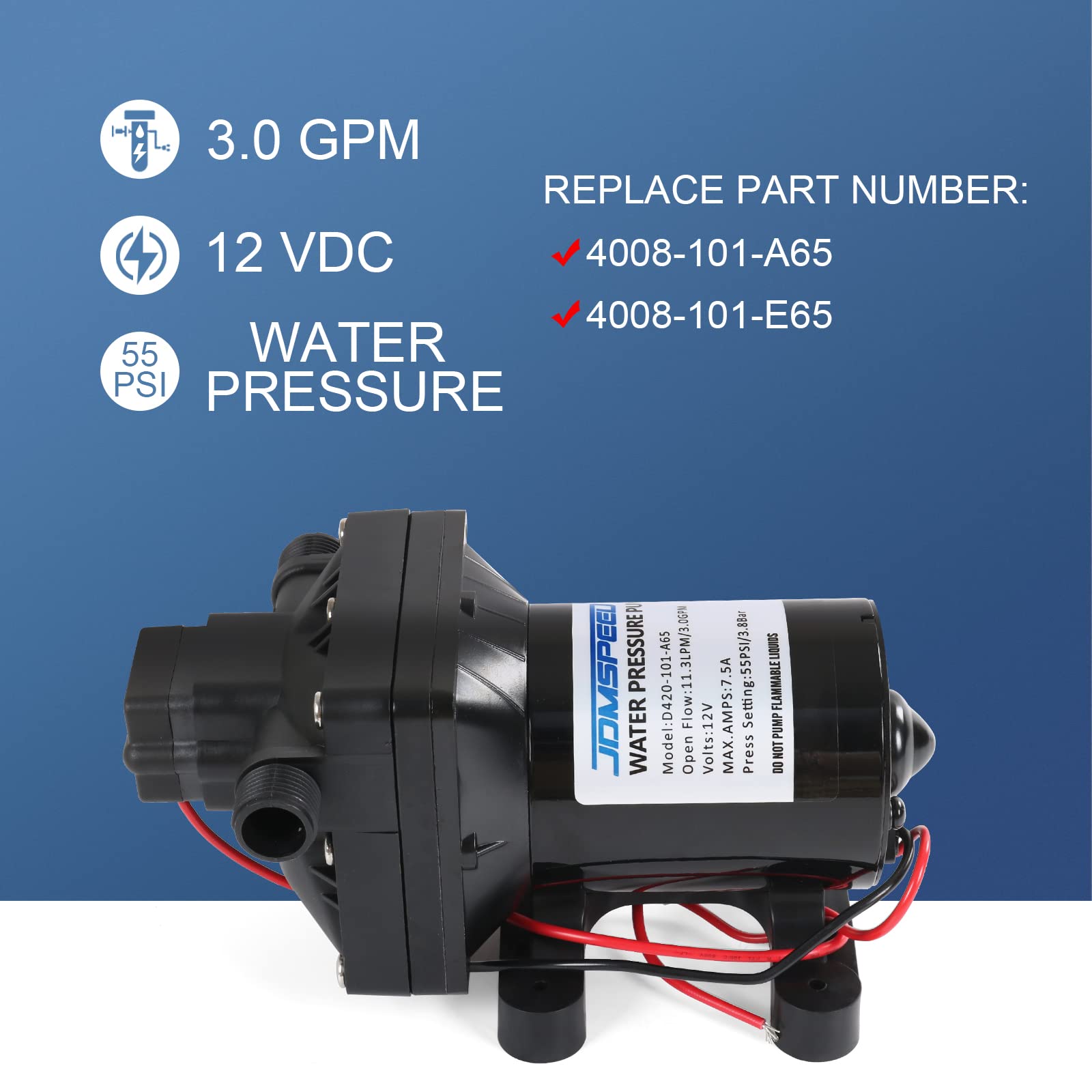 Dicmic 3.0 Gpm 12V 55 Psi Revolution Water Pump Compatible With Camper, Rv, Shower, Sprayer Replace# 4008-101-A65, 4008-101-E65