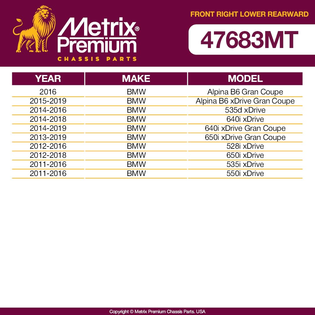 Metrix Premium Chassis Parts - Front Right Lower Rearward Control Arm Fits 16 Bmw Alpina B6 Gran, 15-19 Alpina B6 Xdrive Gran, 1