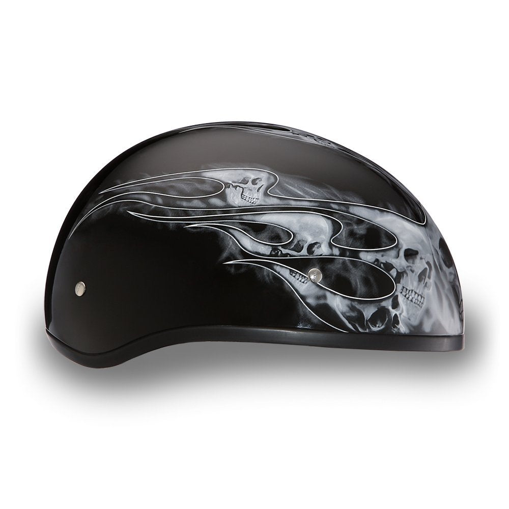 Daytona Helmets Motorcycle Half Helmet Skull Cap- Skull Flames Silver 100% Dot Approved