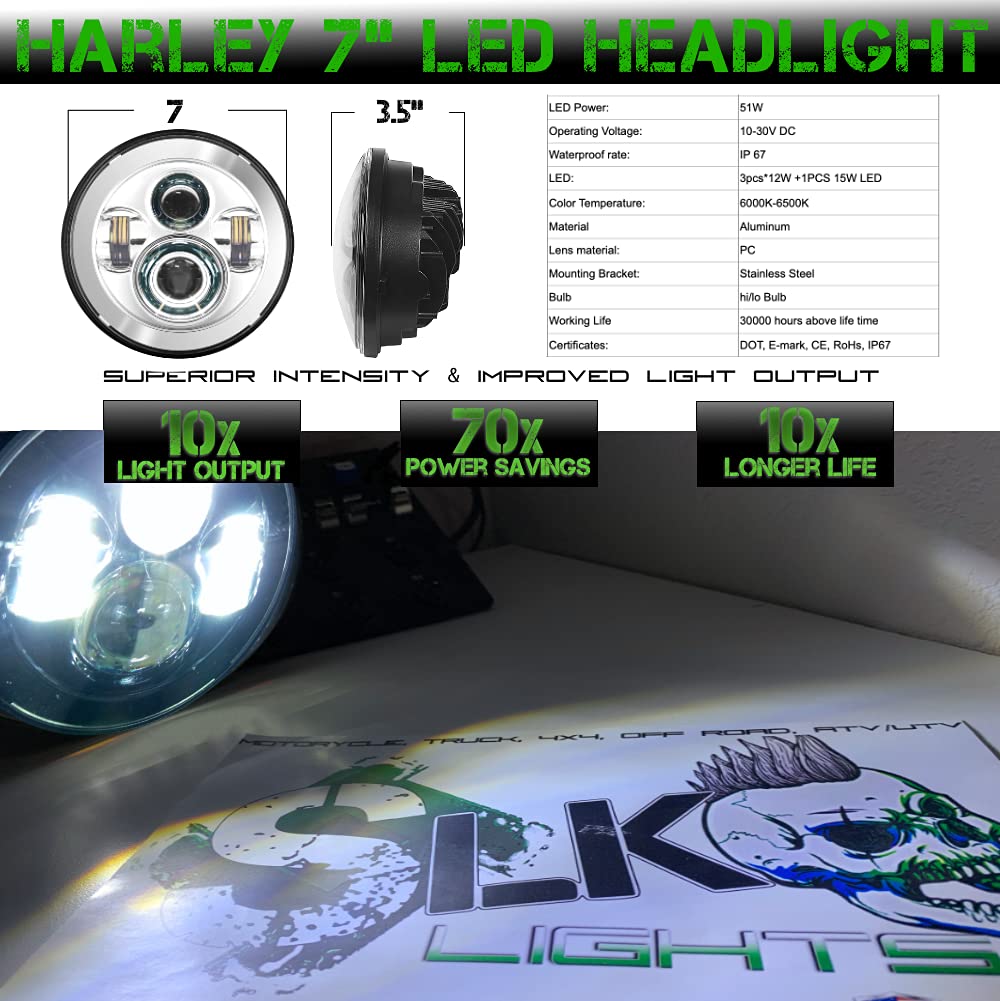 SLK-Customs 7 inch LED Headlight Fog Passing Lights DOT Kit Ring Motorcycle for Harley Davidson Touring Road King Ultra Classic