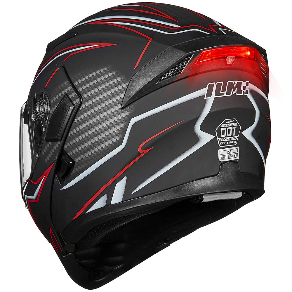 Ilm Motorcycle Dual Visor Flip Up Modular Full Face Helmet Dot Led Light Model 902L (M, Black Red - Led)