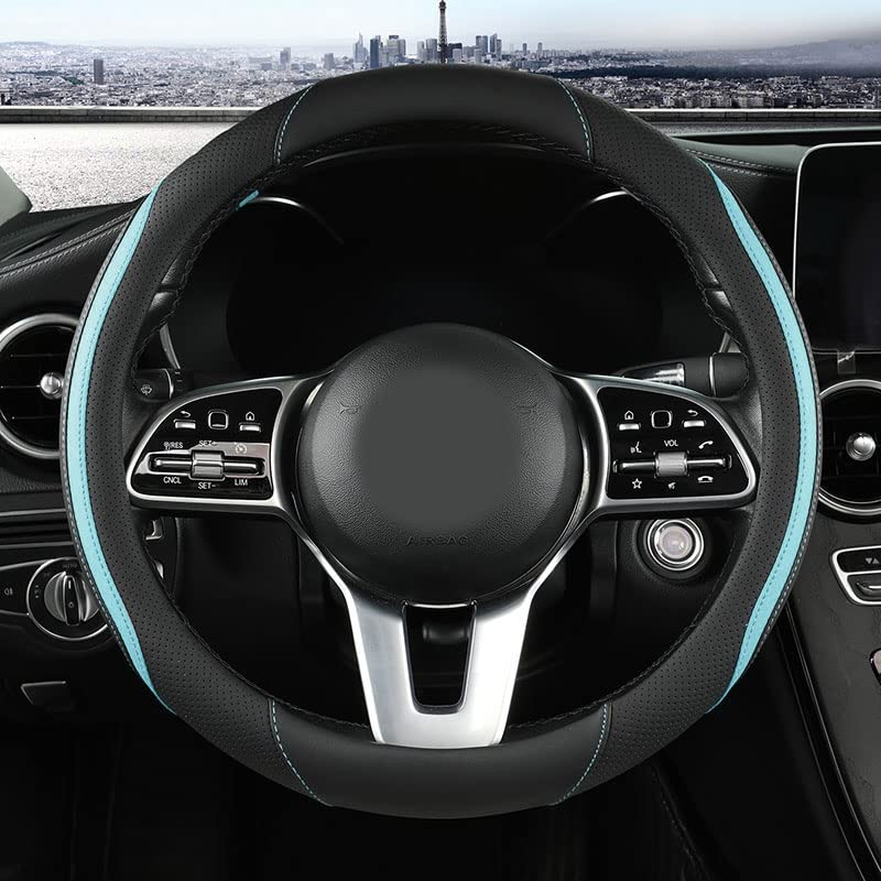 Car Steering Wheel Cover, Leather Steering Wheel Cover Blue Universal 14.5-15 Inch Microfiber Leather Anti-Slip Breathable Auto