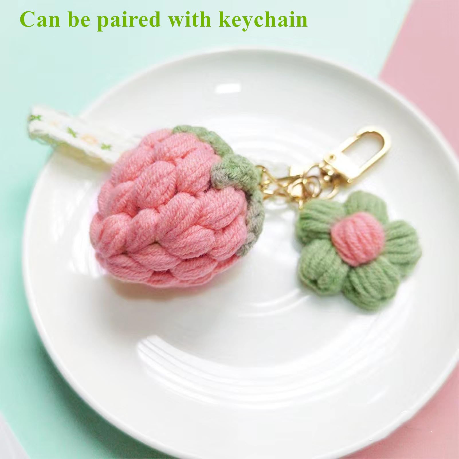 1Pc Rear View Mirror Hanging Accessory, Cute Pink Strawberry Car Decor, Crochet Hand Knitted Mirror Hanger