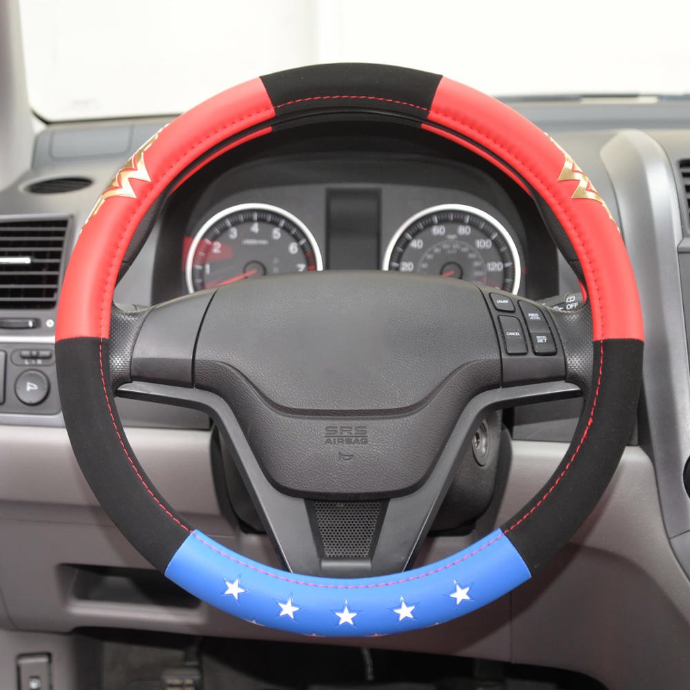 BDK Wonder Woman Steering Wheel Cover - Faux Leather, Universal Fit 14.5-15.5", Red, White, Blue, Model WBSW-1904