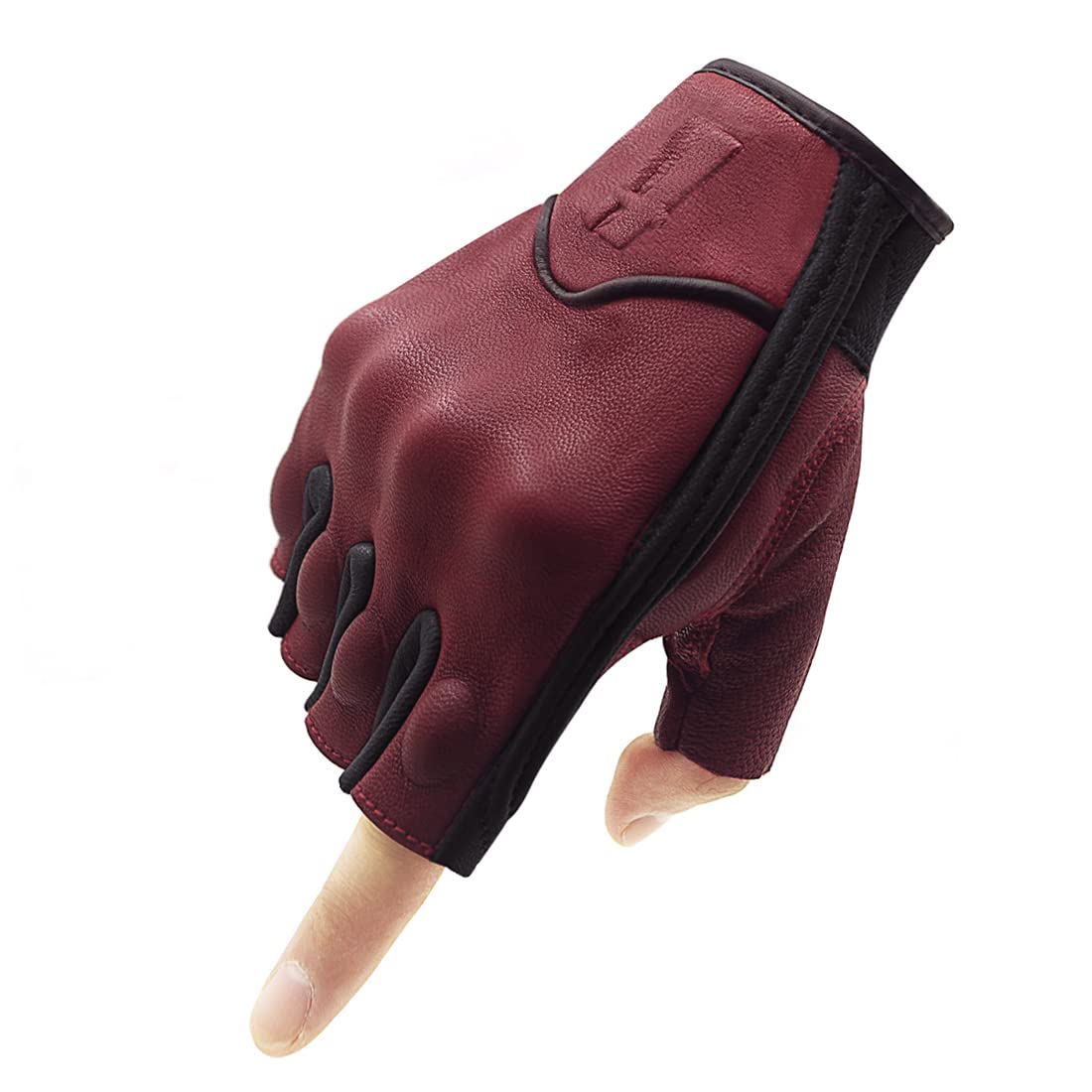 Harssidanzar Mens Half Finger Goatskin Leather Motorcycle Gloves Gm037, Oxblood/Black, Size Xl