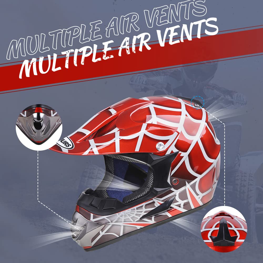 Oumurs DOT Youth Dirt Bike Helmet, Red Cobweb, Small, Plastic, Includes Gloves & Goggles for Boys & Girls 5-14 Ages