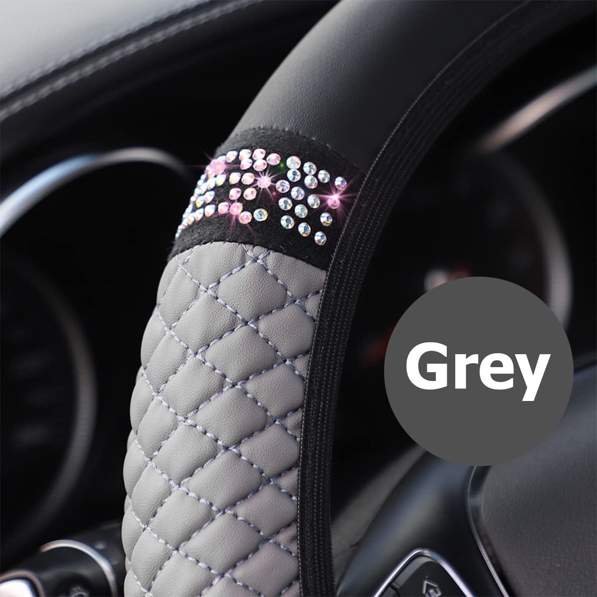 Bling Leather Steering Wheel Cover, Colorful Rhinestones Elastic Steering Wheel Protector, Pu Soft Leather With Crystal Diamond, Sparkling Car Accessories For Most Cars (Gray)