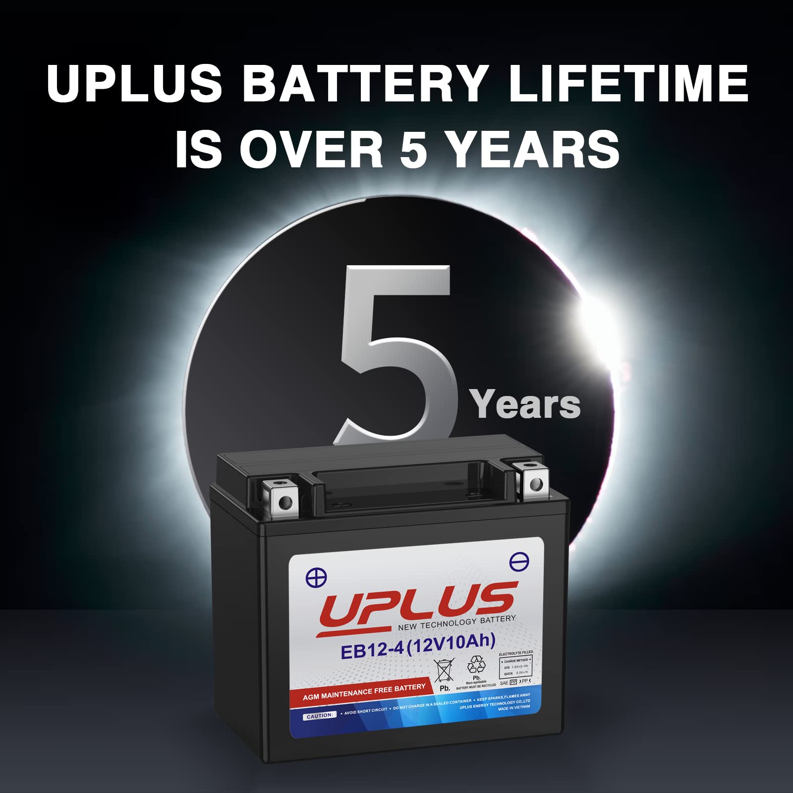 UPLUS Motorcycle Battery YTX12-BS, AGM Maintenance Free, Model EB12-4, Size 5.91"x3.43"x5.12" for Bikes, ATVs,