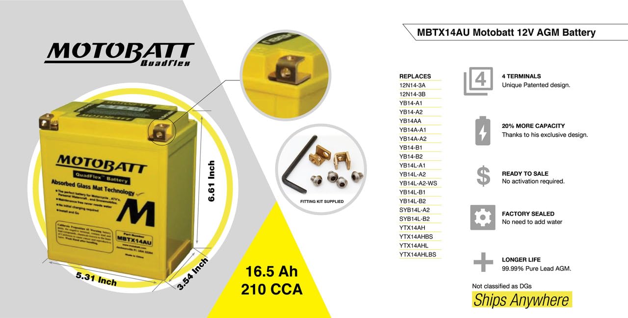 Motobatt Mbtx14Au (12V 16.5 Amp) 190Cca Factory Activated Quadflex Agm Battery