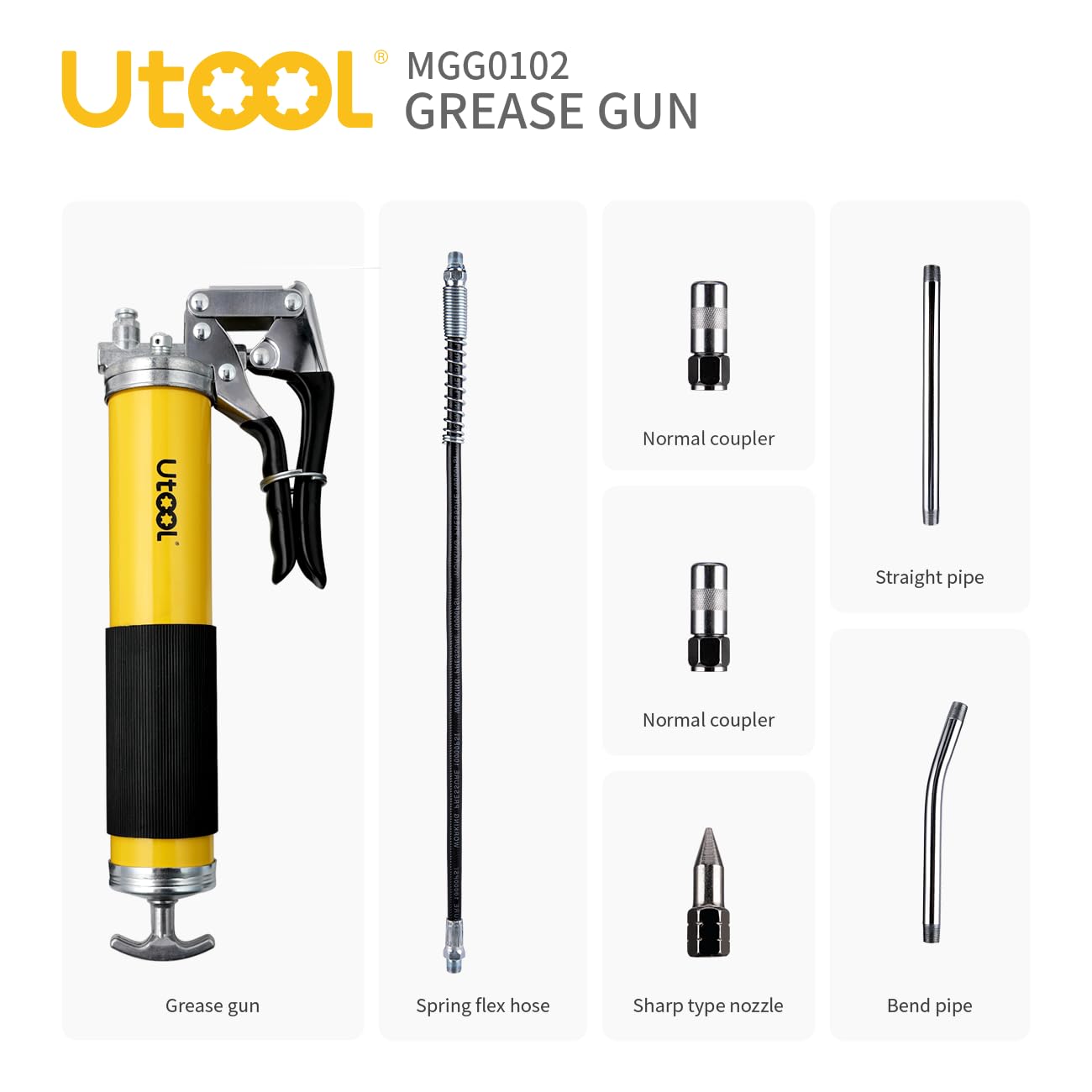 UTOOL Heavy Duty Grease Gun Set, 7000 PSI, 14 oz, Black/Yellow, Includes Flex Hose, Couplers, Rigid Pipe, Sharp Nozzle