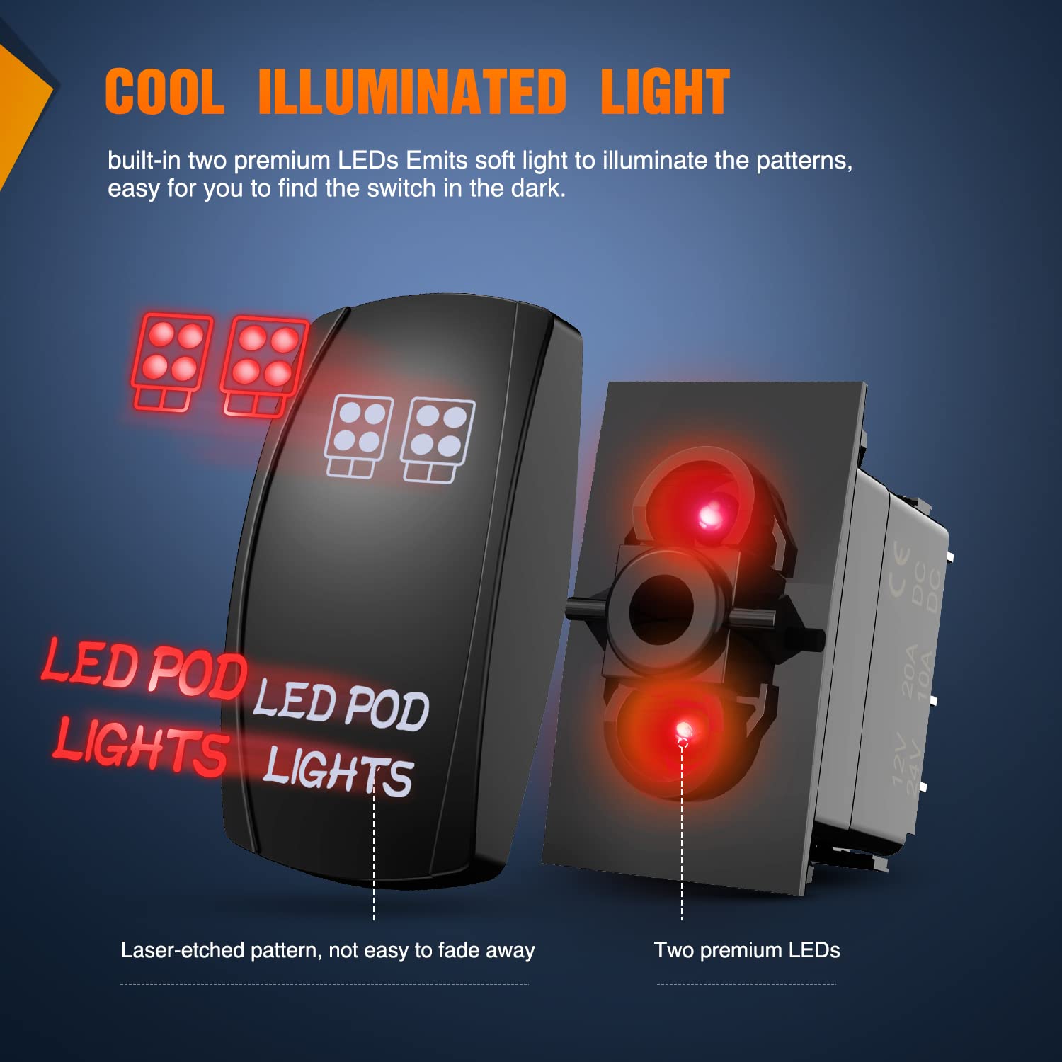 Nilight Led Pod Lights Rocker Switch Led Light Bar Switches 5Pin Laser On/Off Switches 20A/12V 10A/24V With Jumper Wires Set For