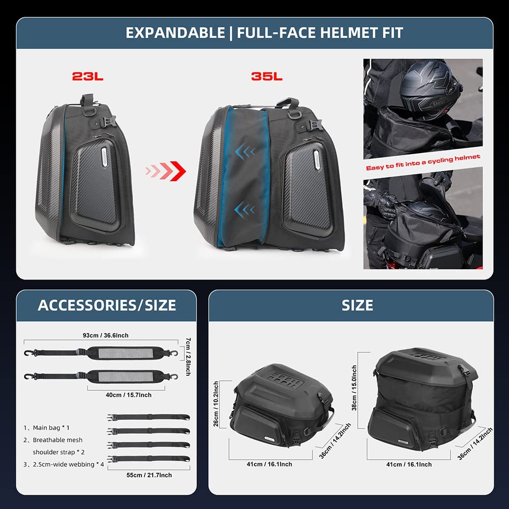 Rhinowalk Motorcycle Tail Bag 35L, Expandable Waterproof Trunk Bag, Carbon Black, Model MT2335