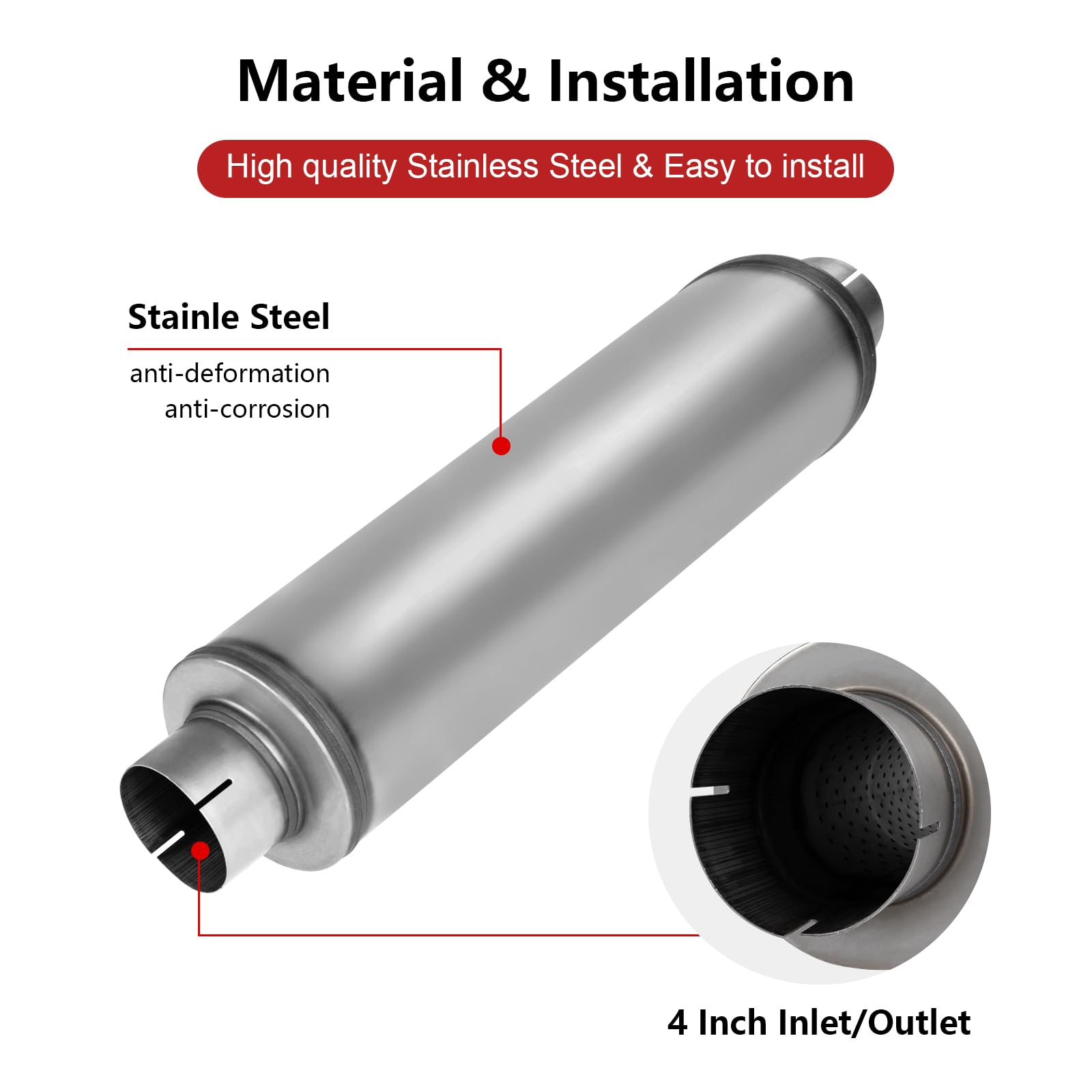 TECTRUC 4" Inlet Diesel Exhaust Muffler - Stainless Steel, Straight Through Design, 30" Length, 4 Inch Inlet/Outlet