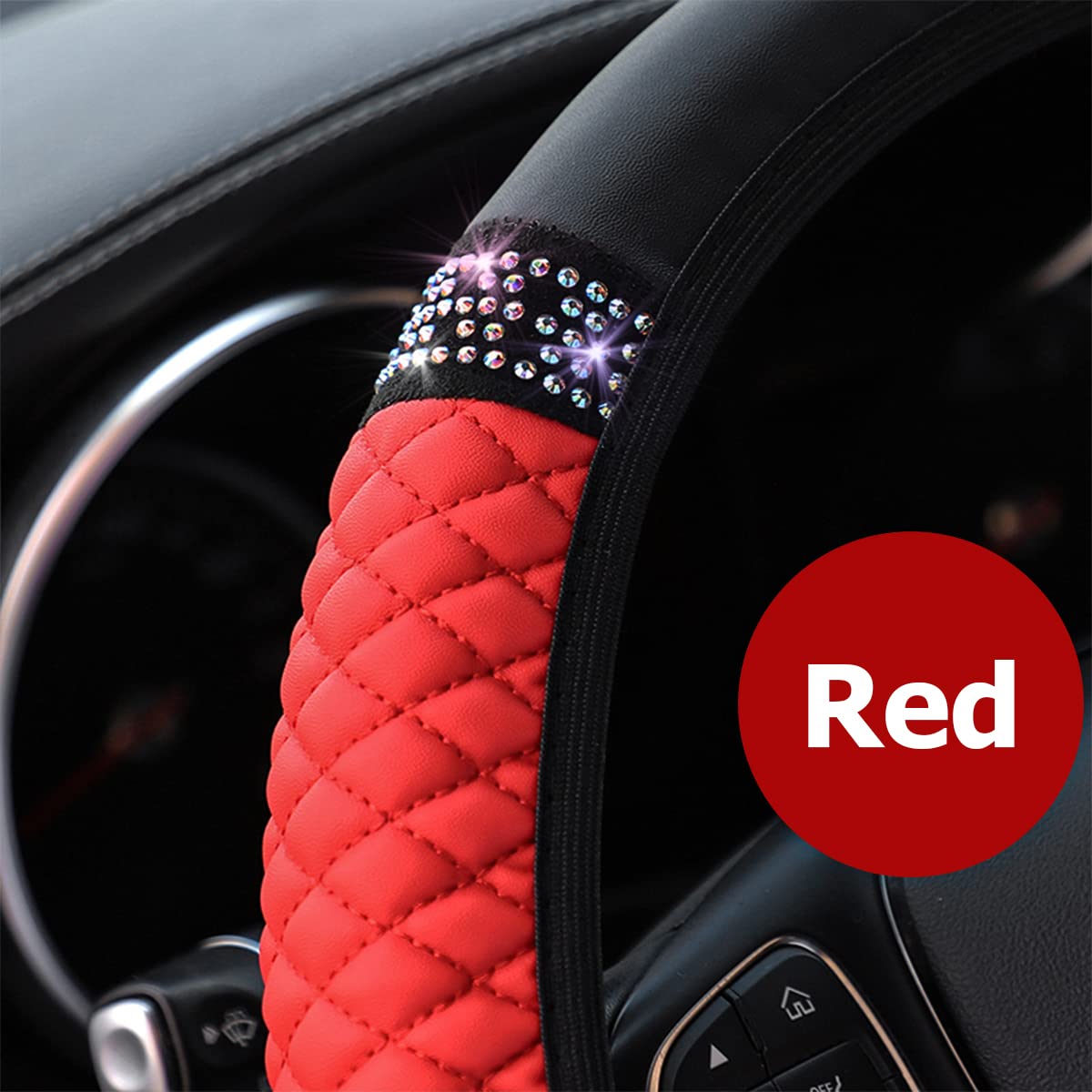 Bling Leather Steering Wheel Cover, Colorful Rhinestones Elastic Steering Wheel Protector, Pu Soft Leather With Crystal Diamond, Sparkling Car Accessories For Most Cars (Red)