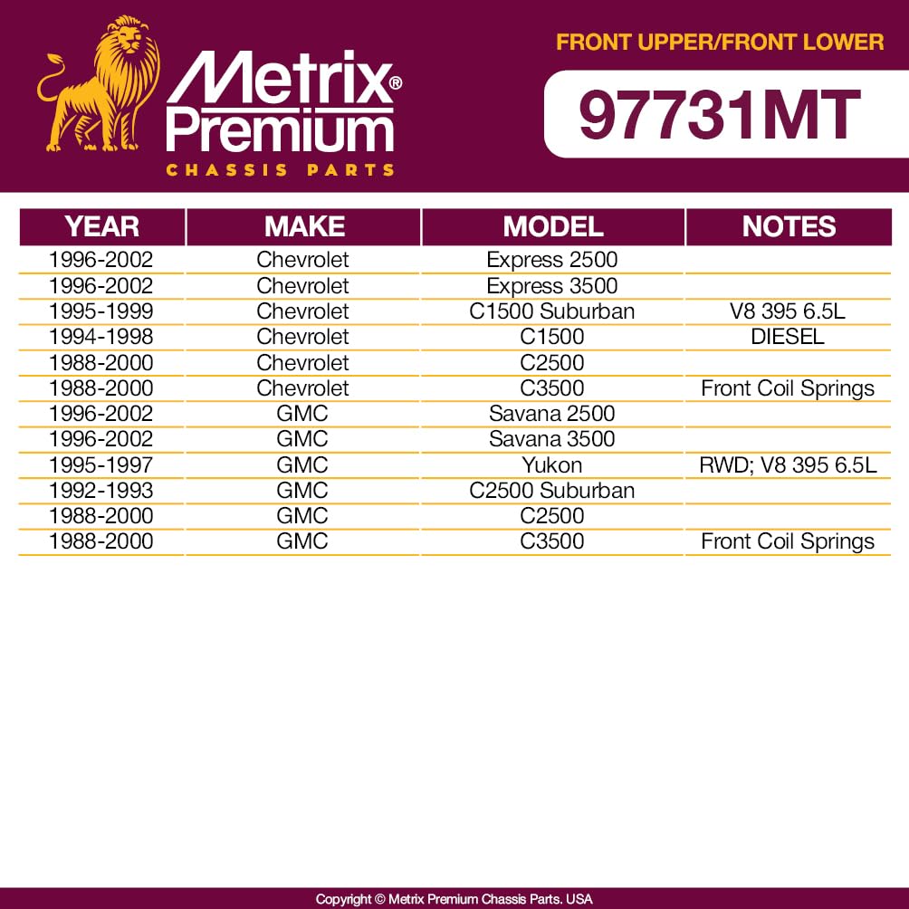 Metrix Premium Chassis Parts - 4 Pc Front L/R Upper Control Arm & Front Lower L/R Ball Joint Kit Fits 96-02 Chevrolet Express 25