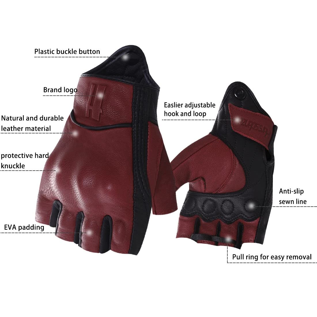 Harssidanzar Mens Fingerless Motorcycle Gloves GM037, Goatskin Leather, Size L, Oxblood/Black