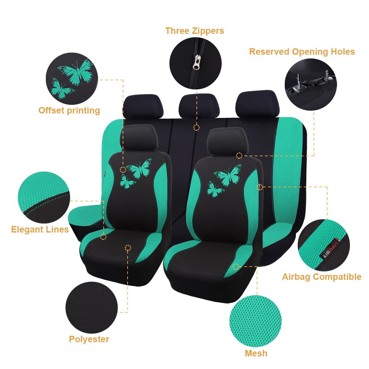 Flying Banner Butterfly Car Seat Covers Ful Set Fashion Universal Lady Woman Female Rear Bench Split Colorized (Full Set, Mint G