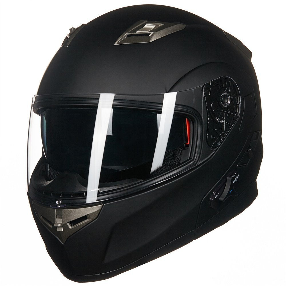Ilm Bluetooth Integrated Modular Flip Up Full Face Motorcycle Helmet Sun Shield Mp3 Intercom Model 953 (M, Matte Black)