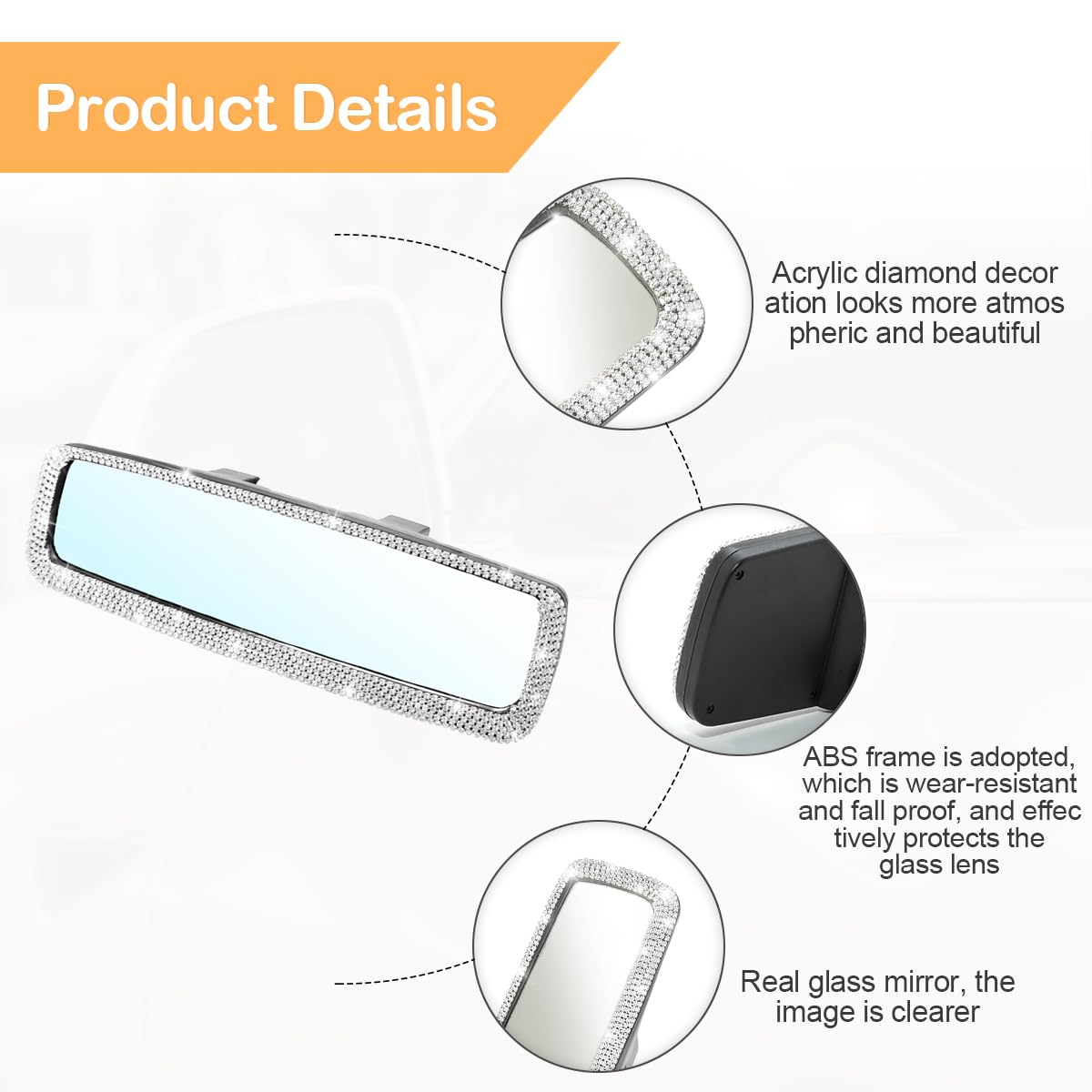 Osilly Bling Car Rearview Mirror, Decorations Rear View Mirror with Crystal Rhinestones & Diamonds, Car Interior Trim Accessorie