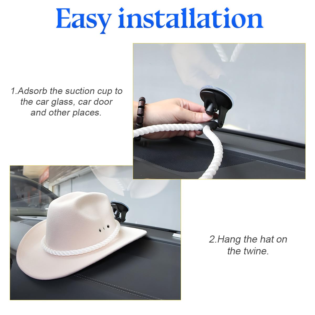 Zipelo Hat Mounts For Car, Cowboy Hat Holder Rack With Suction Cup And Handmade Rope, Car Accessories, Universal Cowboy Hat Hanger For Suv Truck Vehicle Home, Keeps Your Hat On The Dash (Black)