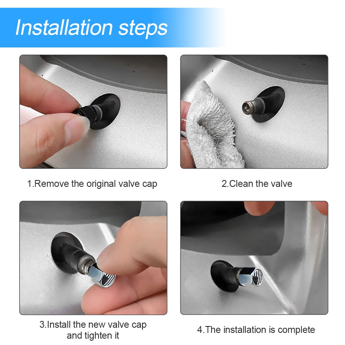 Tire Valve Stem Cap For Car, 4 Pack American Flag Pattern Anti-Rust Airtight Universal Valve Stem Covers For Cars, Vehicles, Bicycles, Trucks, Motorcycles, Car Accessories (Silver)