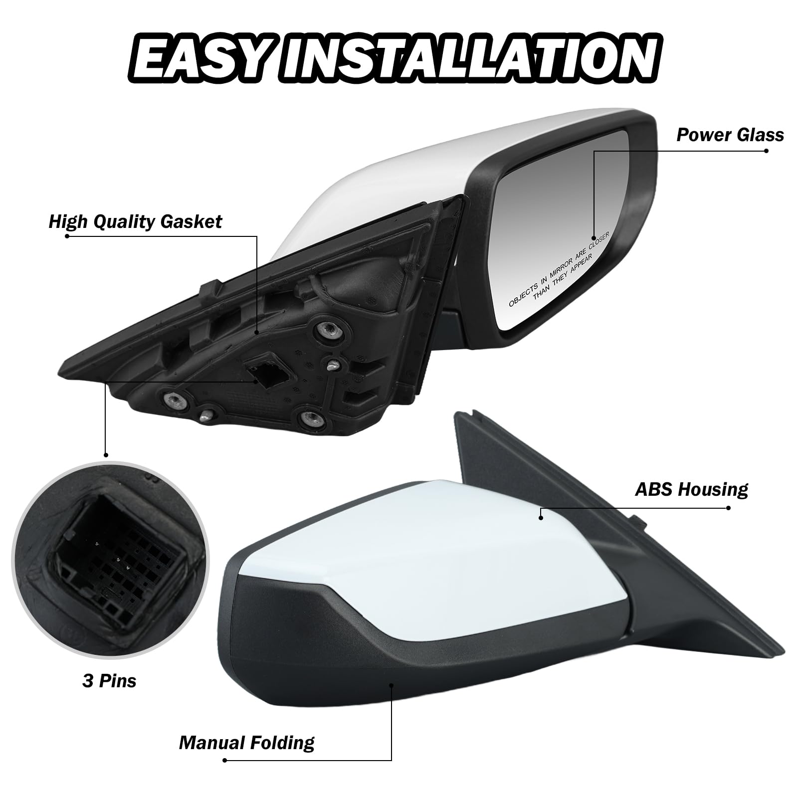 MOFOAP Passenger Side View Mirror for Chevy Malibu 2016-2022, Non-Heated, Manual Folding, Right, White, 3 Pins-WT