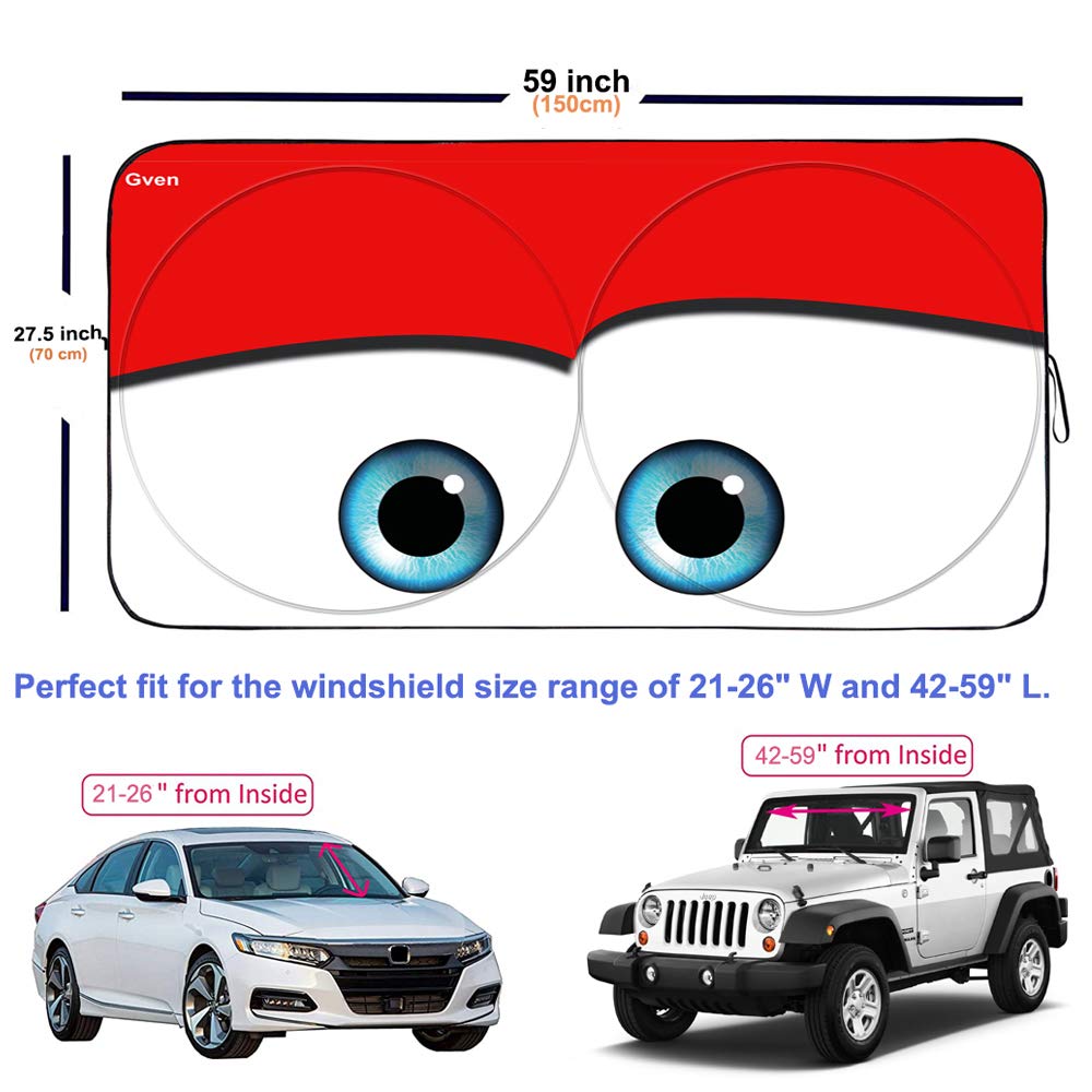 Gven Windshield Shade, Car Sun Shade For Front Windshield Funny Car Eyes Sunshades Sun Visor Protector Blocks Uv Rays Foldable 210T Keep Your Vehicle Cool (Eyes-Red, Standard)