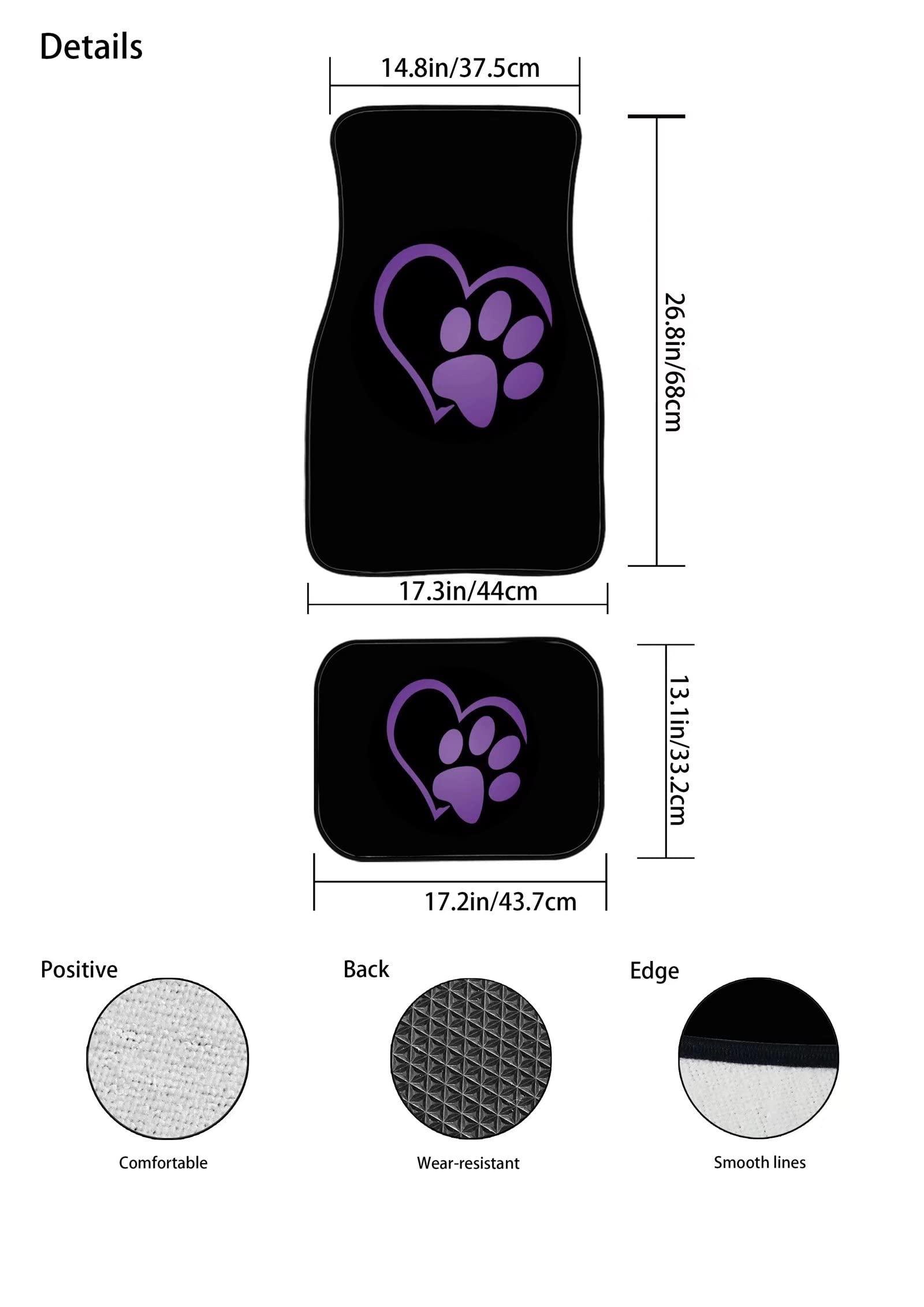 Suhoaziia Dog Paw Heart Purple Decorative Car Floor Mats Set of 4 for Front Rear Seats, Heavy Duty Rubber Backing Universal Fit,