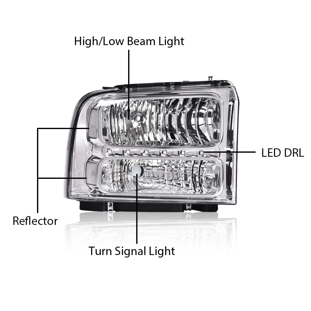 CHEDA LED DRL Headlights Assembly for 2005-2007 Ford F250 F350 F450 F550 - Clear Lens, Chrome Housing, LED Point Clear