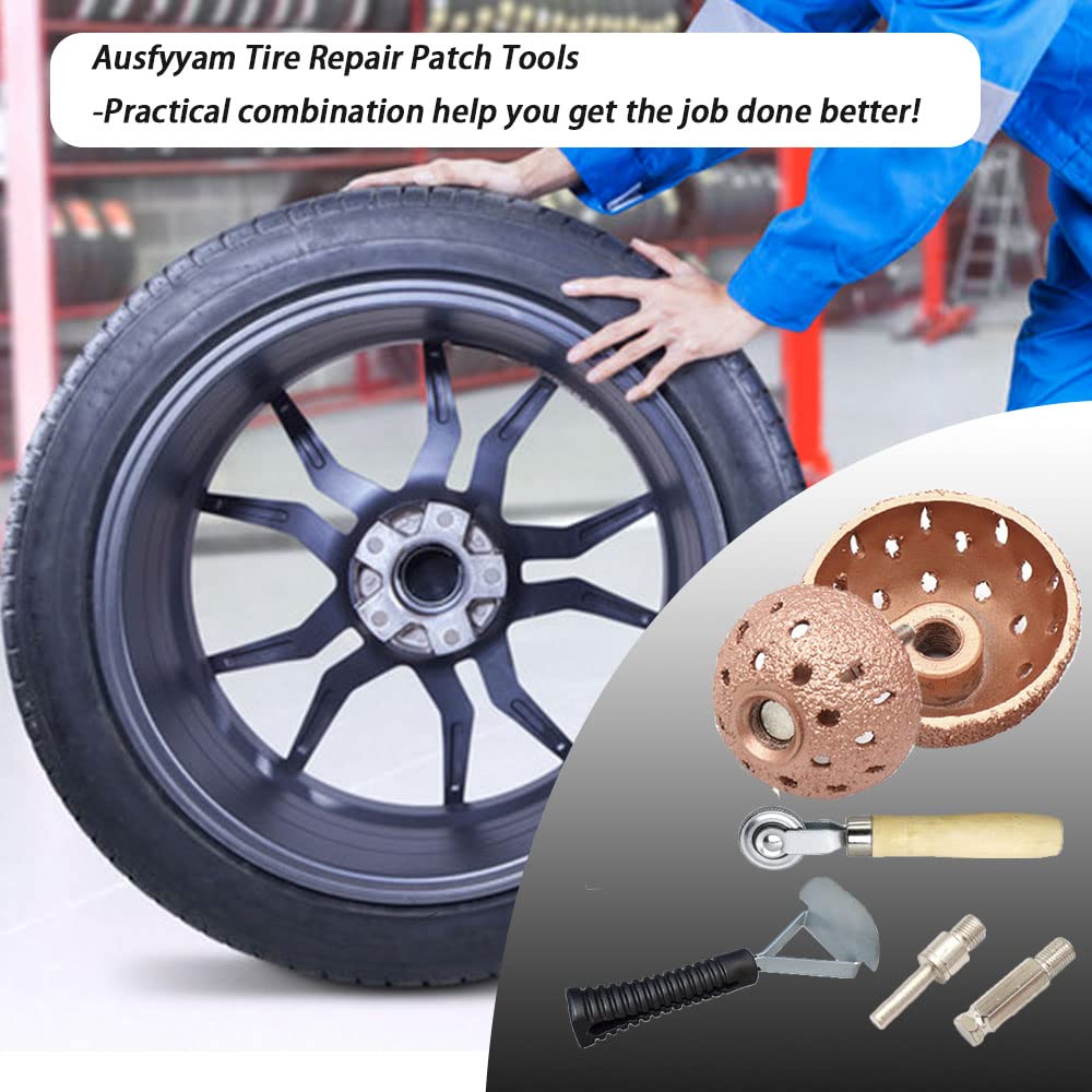 Ausfyyam Tire Repair Patch Tools Kit – Tungsten Steel Buffing Wheels 42mm & 55mm with Tire Roller & Scraping Cutter