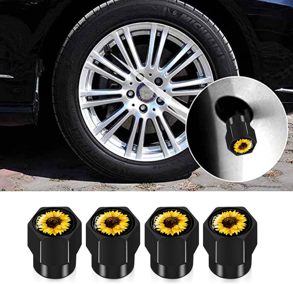 4Pcs Tire Valve Stem Caps Explosion Valve Cover Aluminum Alloy Compatible With Car Truck Suv Sunflower Car Accessories