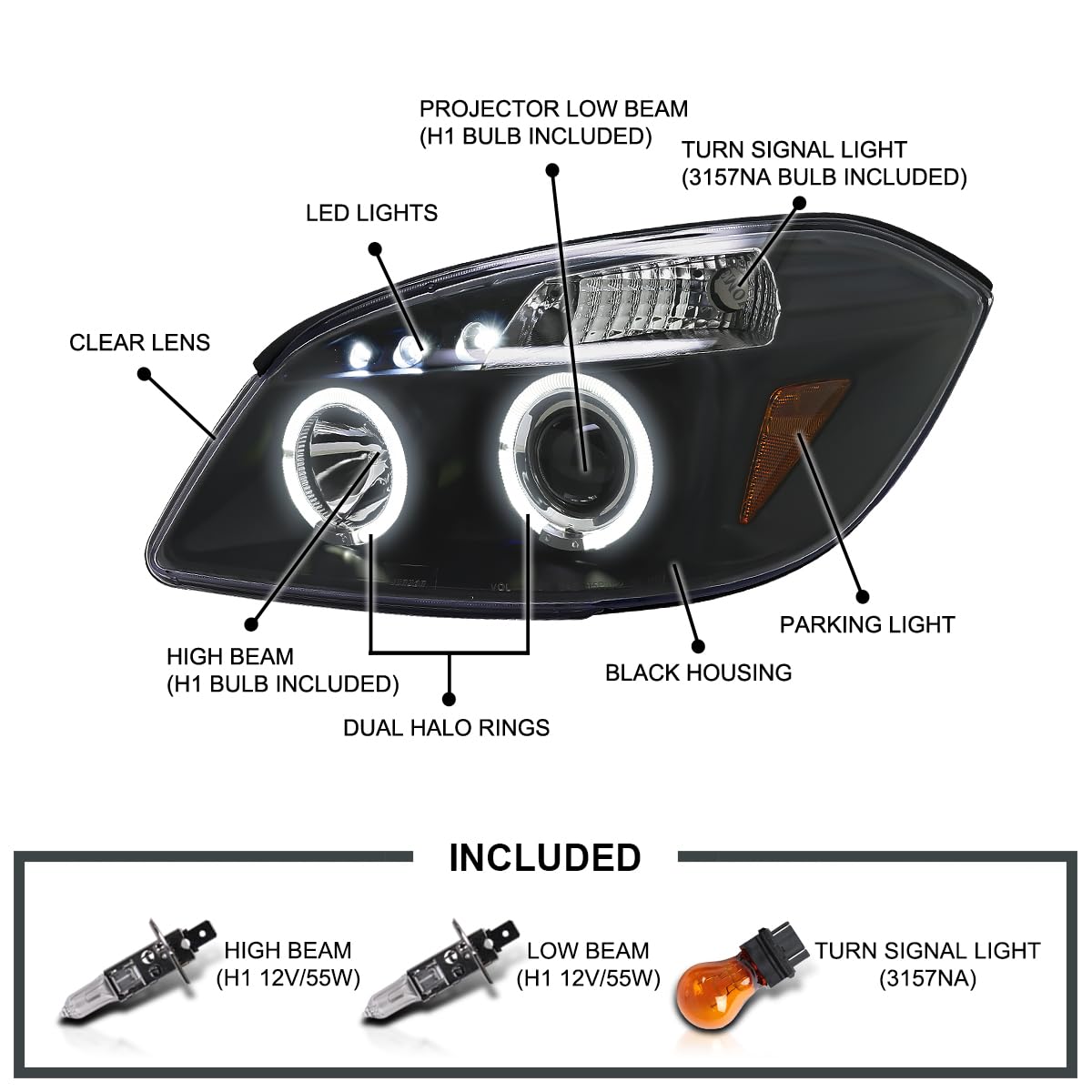 Spec-D Tuning Projector Led Headlights Black Compatible With 2005-2010 Chevy Cobalt, 2007-2009 Pontiac G5, 2005-2006 Pontiac Pursuit Left + Right Pair Headlamps Assembly