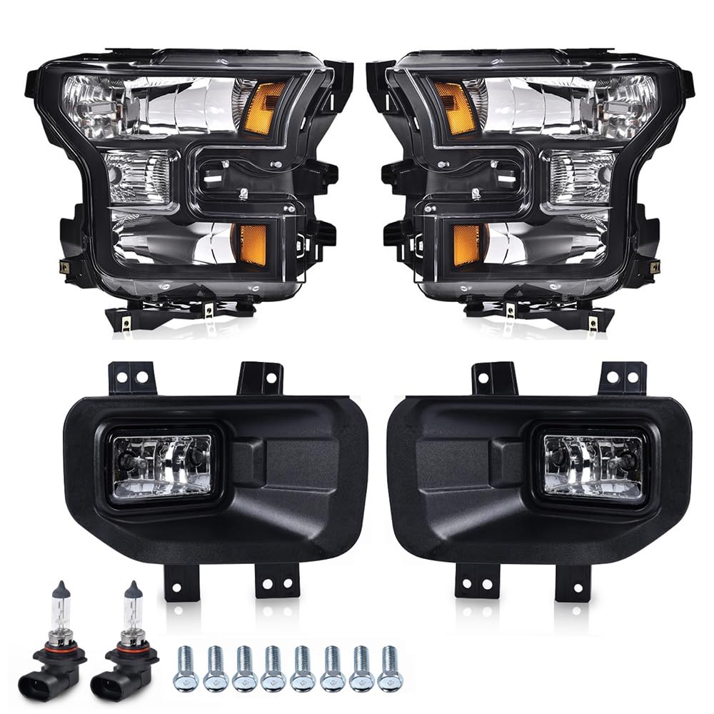 CNNELL Left + Right Headlights Assembly & Fog Lights Compatible with Ford F150 2015 2016 2017 models only FO2502335, FO2503335 (