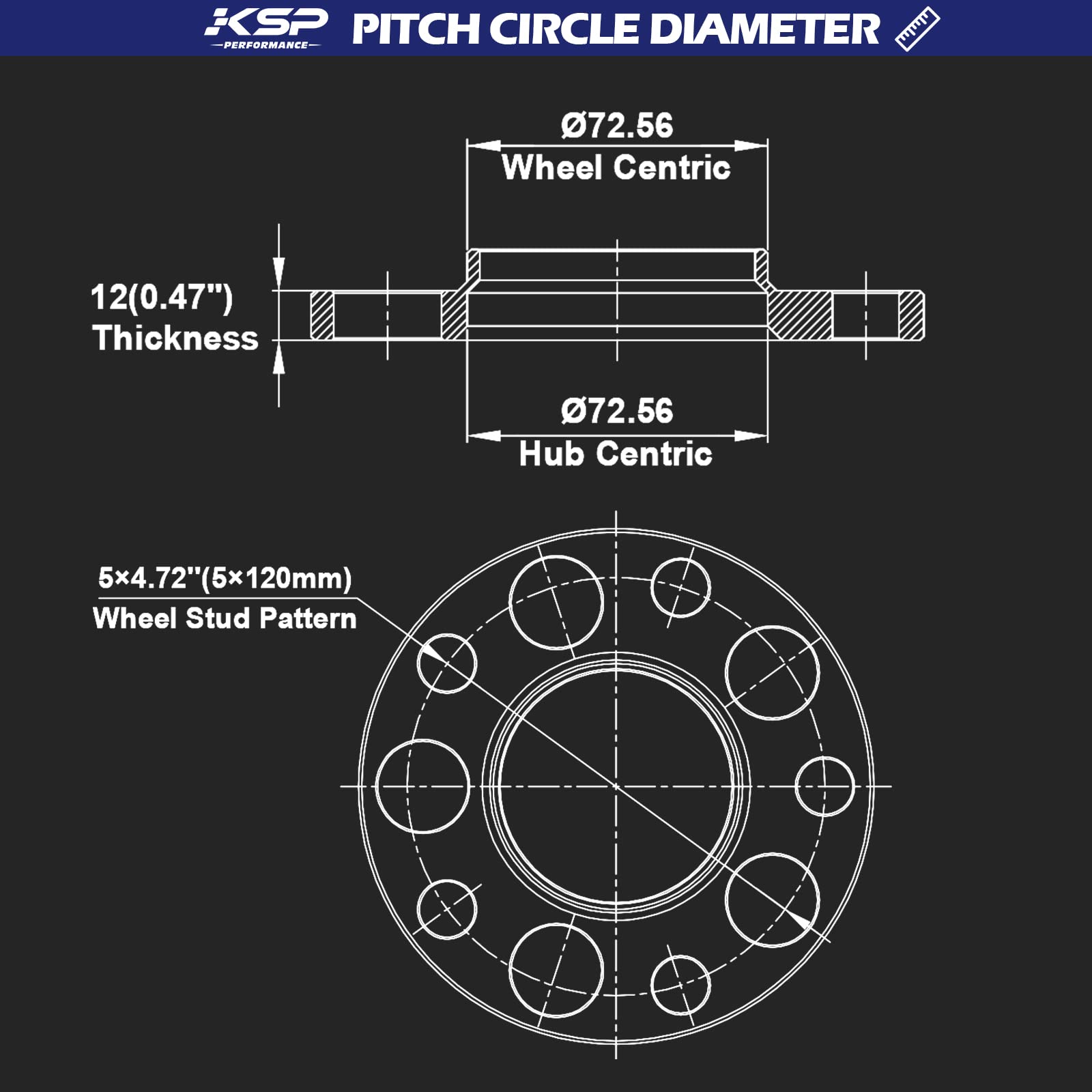 KSP PERFORMANCE 5X120mm Wheel Spacers, 12mm Hubcentric Forged Tuning, 2PCS, Black, Model 5120-5120-1250-20