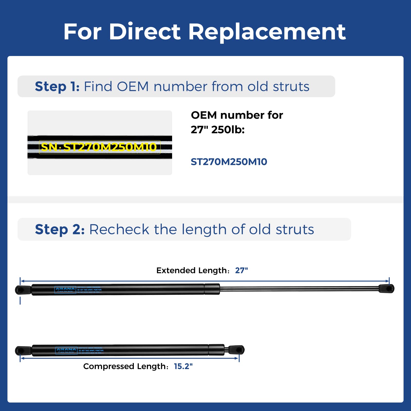 Arana St270M250M10 27 Inch 250Lb Gas Spring Struts, St270M250M10 27   1112N Shocks Lift Support For Snowmobile Sled Trailer Heav