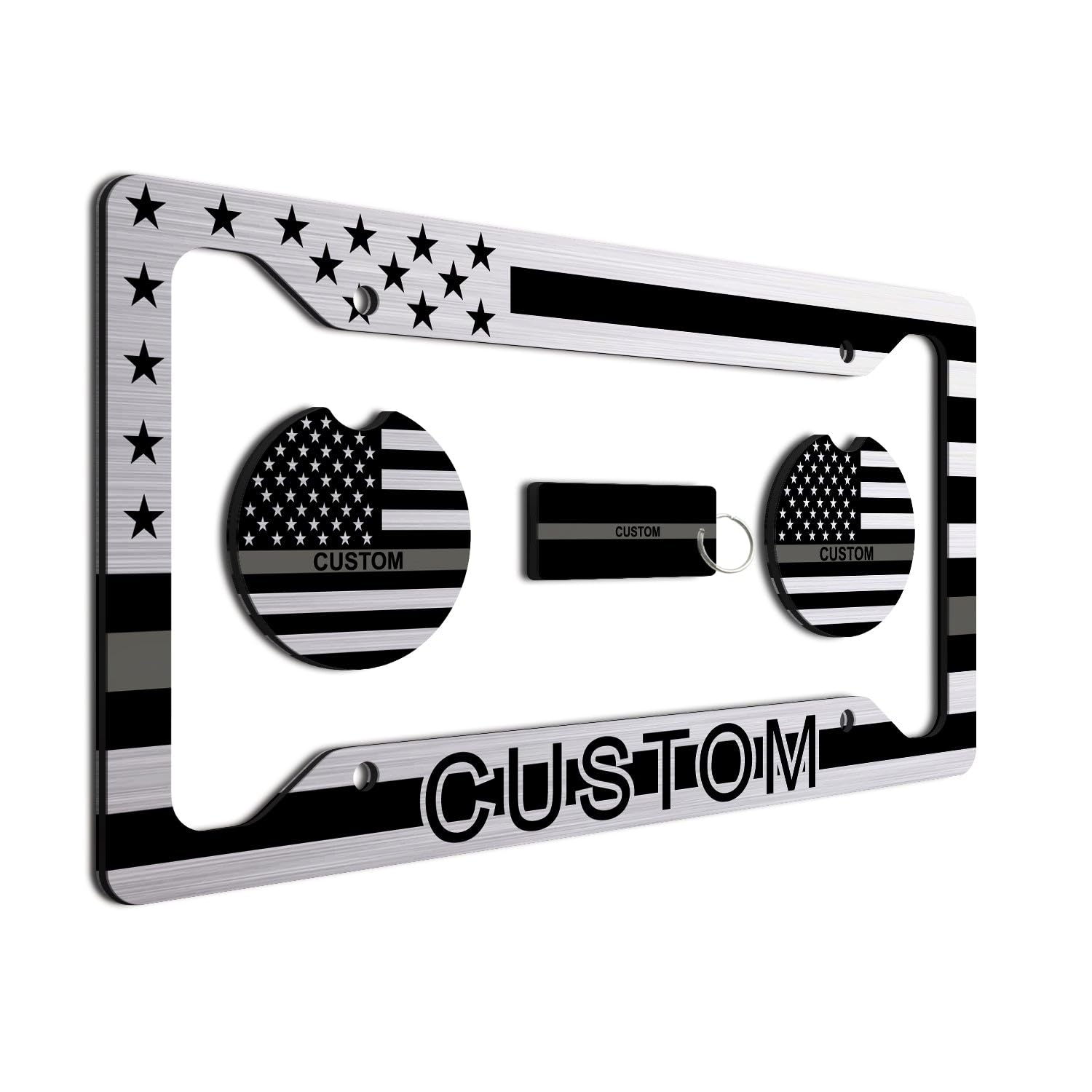 Thin Gray Line - Personalized American Flag License Plate Frame + 2 Coasters And A Keychain