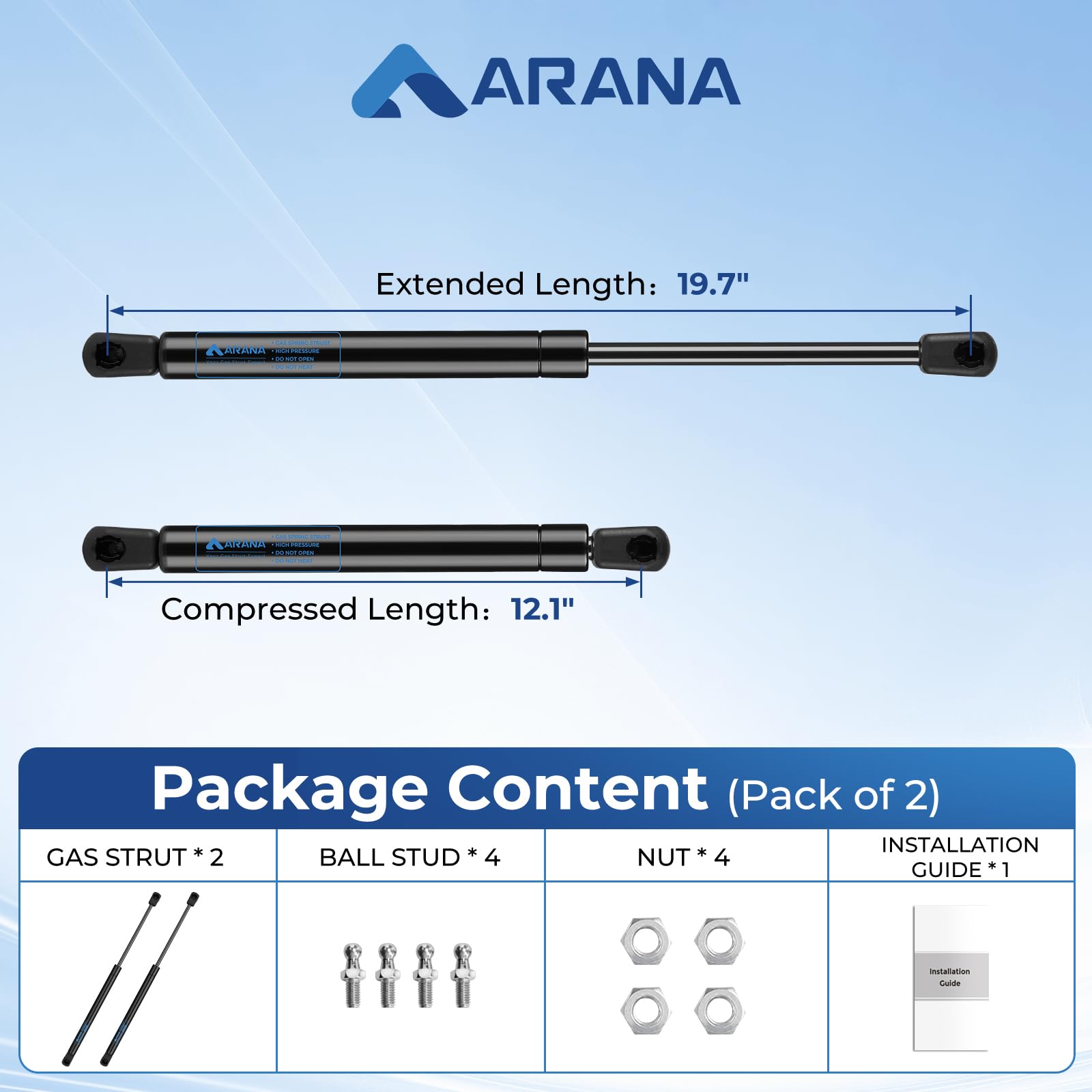 ARANA Gas Struts 20 inch 150LB Lift Support, lgp8-200-150 Gas Shocks C16-17566 Gas Springs for Heavy Duty Boat Lid RV Under Bed