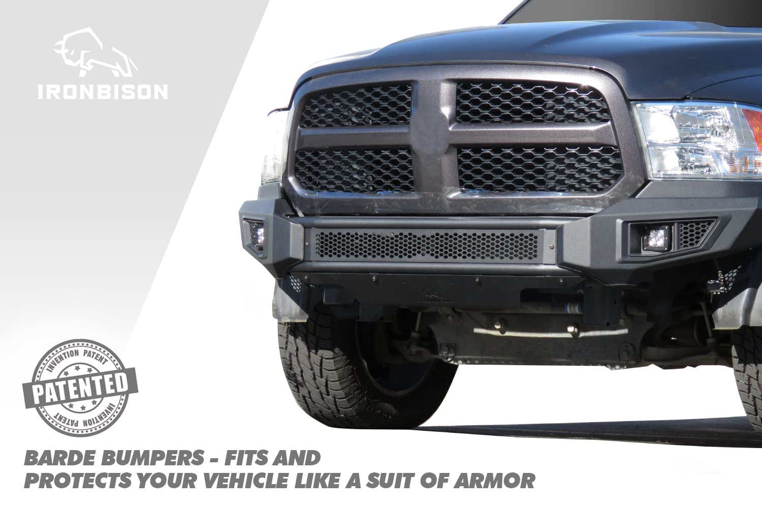 IRONBISON Front Bumper for 2013-2018 Dodge RAM 1500, Alloy Steel, Black, Model IBBFD004, with 2 LED Fog Lights