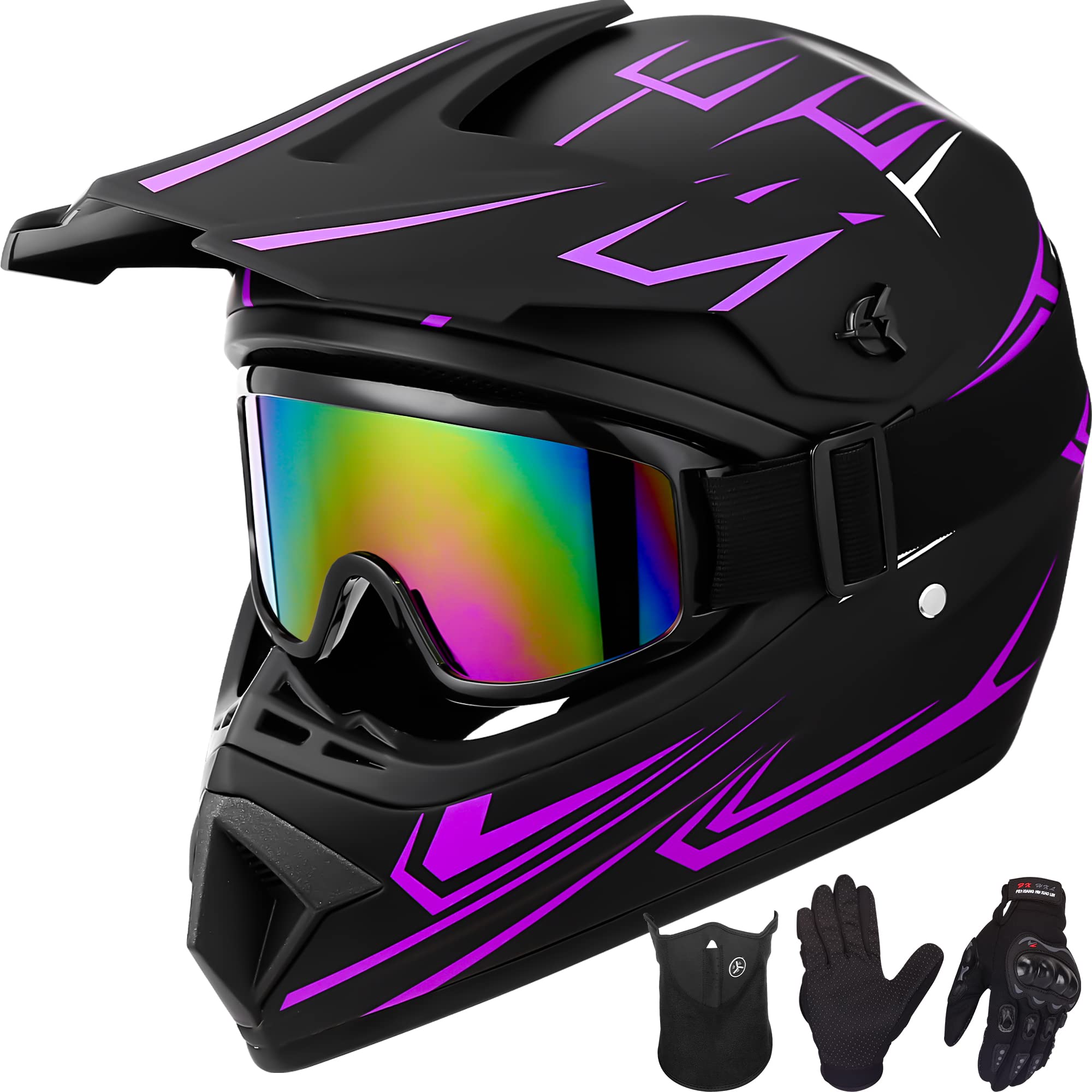 Yesmotor Youth Kids Motocross Helmet Full Face Motorcycle Dirt Bike Off-Road Mountain Bike Bmx Mx Atv Helmet- Dot Approved With(Gloves Goggles Mask) 4Pcs Set (Purple,L)