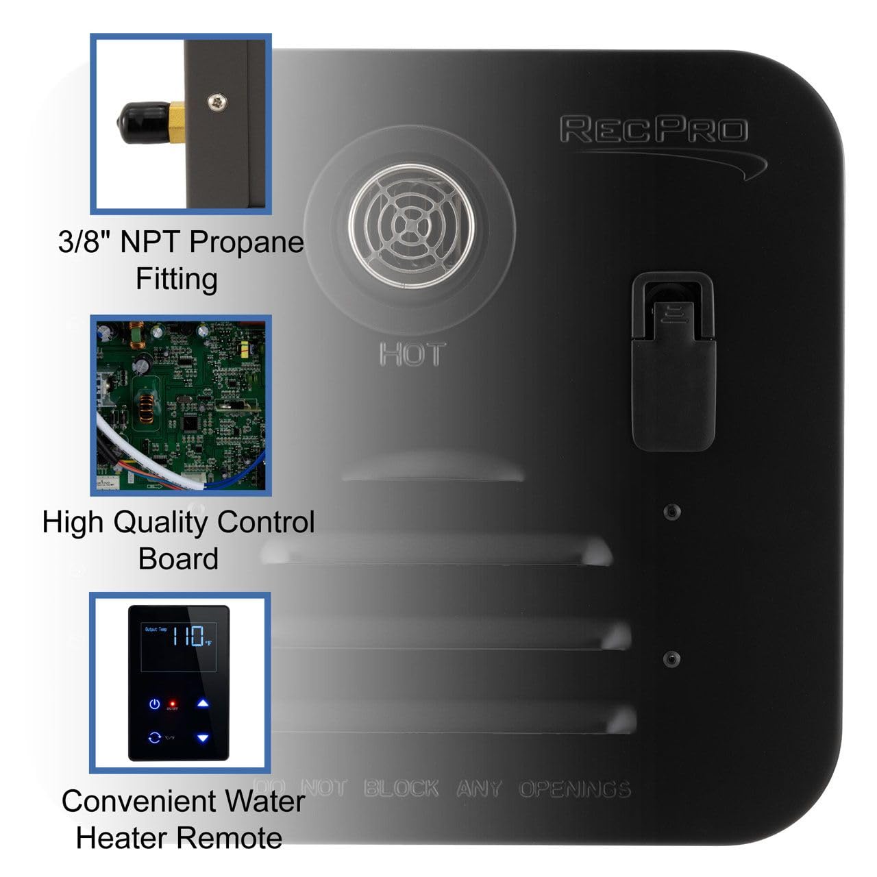 RecPro RV Tankless Hot Water Heater - 42,000 BTU, Gas, Remote Control, 18" x 18", Black, Model RP-1057-42BTU