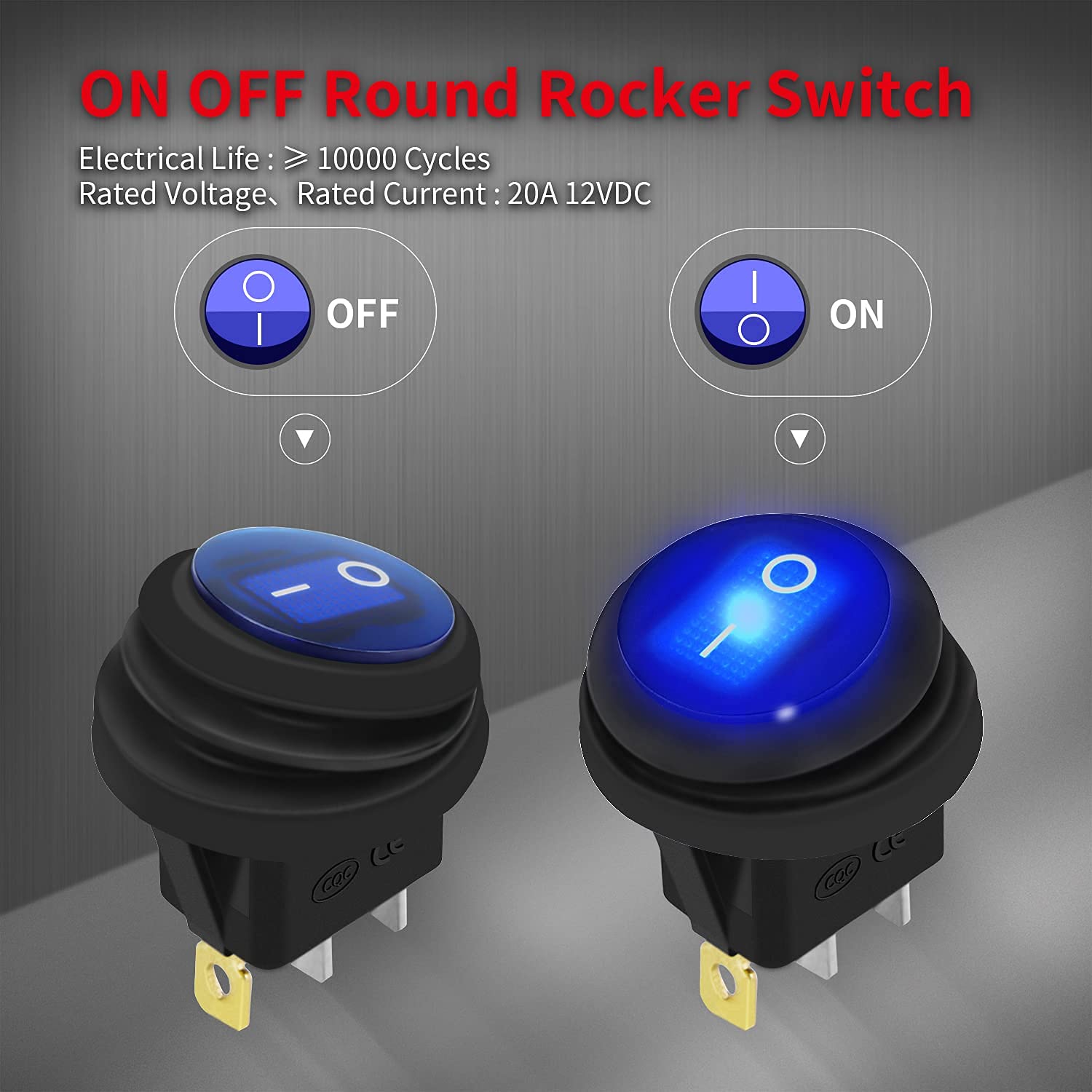 DAIERTEK 12V Waterproof Rocker Switch, Blue LED Lighted, 20A, 3 Pin, Marine/RV/Truck, Model KCD1-8-101NW-B
