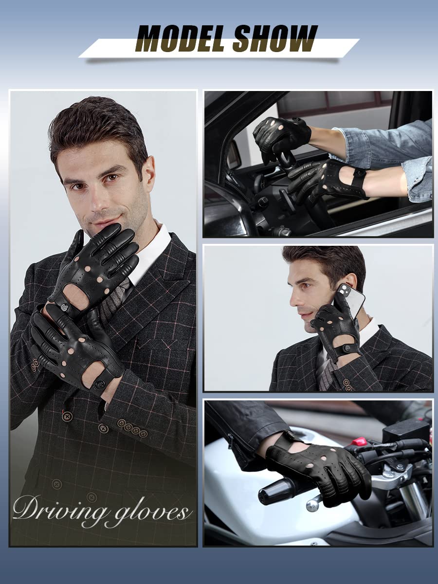 GSG Men’s Genuine Leather Biking Gloves, Large, Black Unlined Touchscreen Driving Gloves with Palm Hole